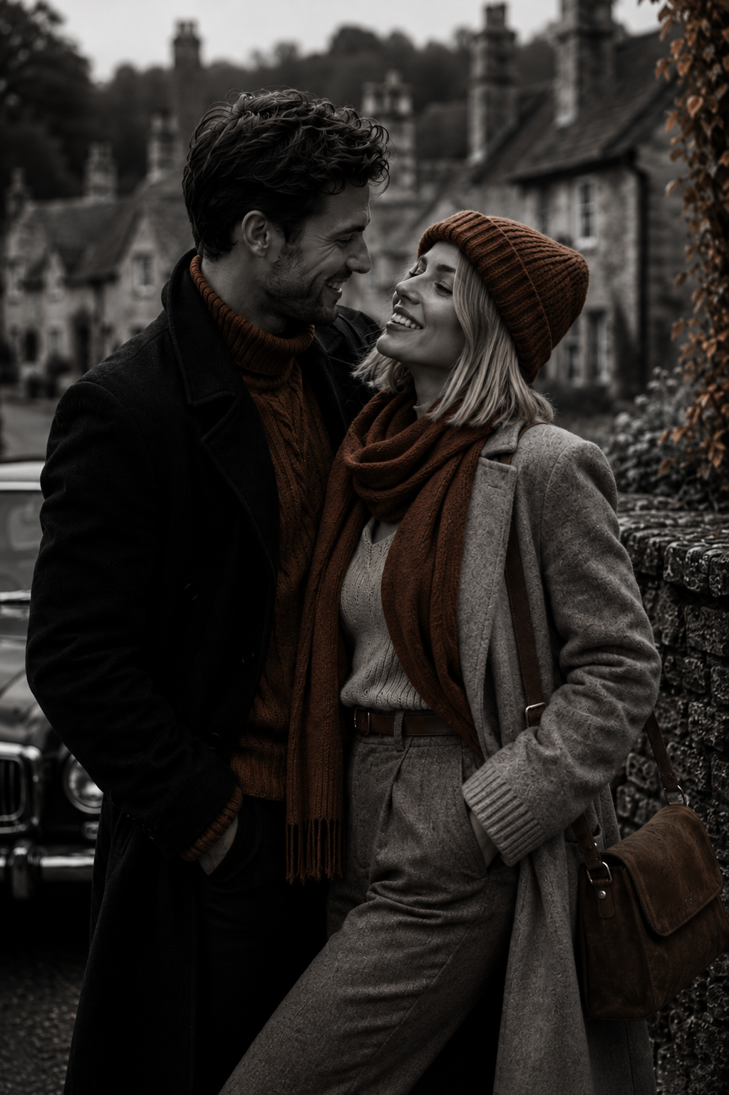 Monochrome Cotswolds fashion scene with selective terracotta accents