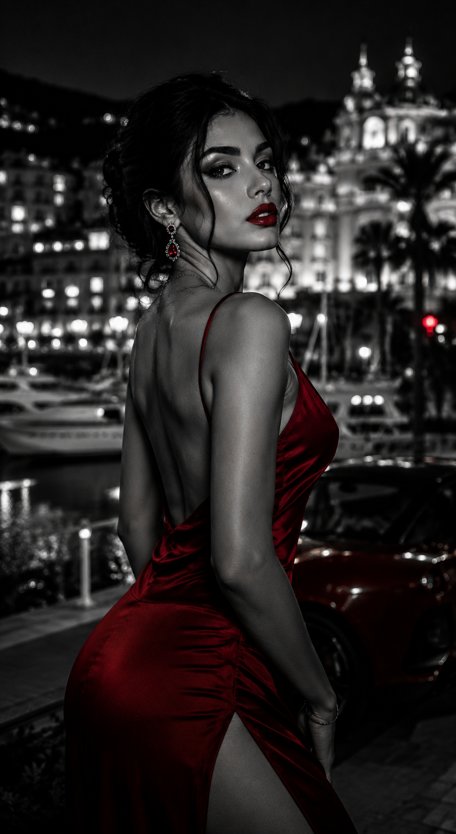 Monochrome Monaco fashion scene with a selective ruby red accent