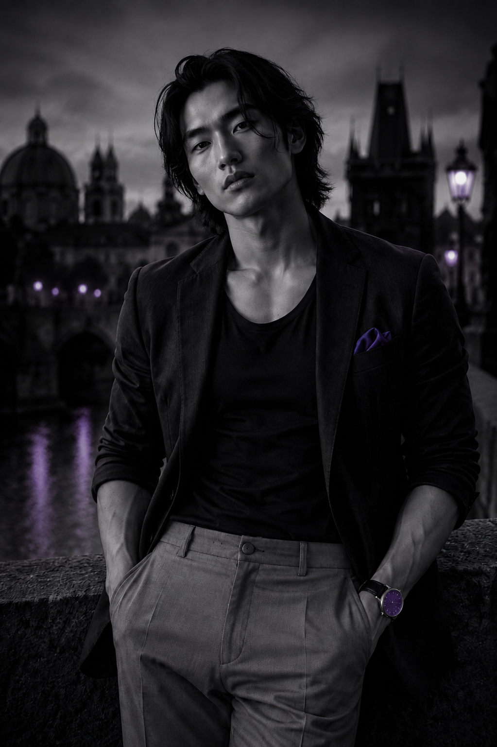 Monochrome Prague fashion scene with a selective violet accent