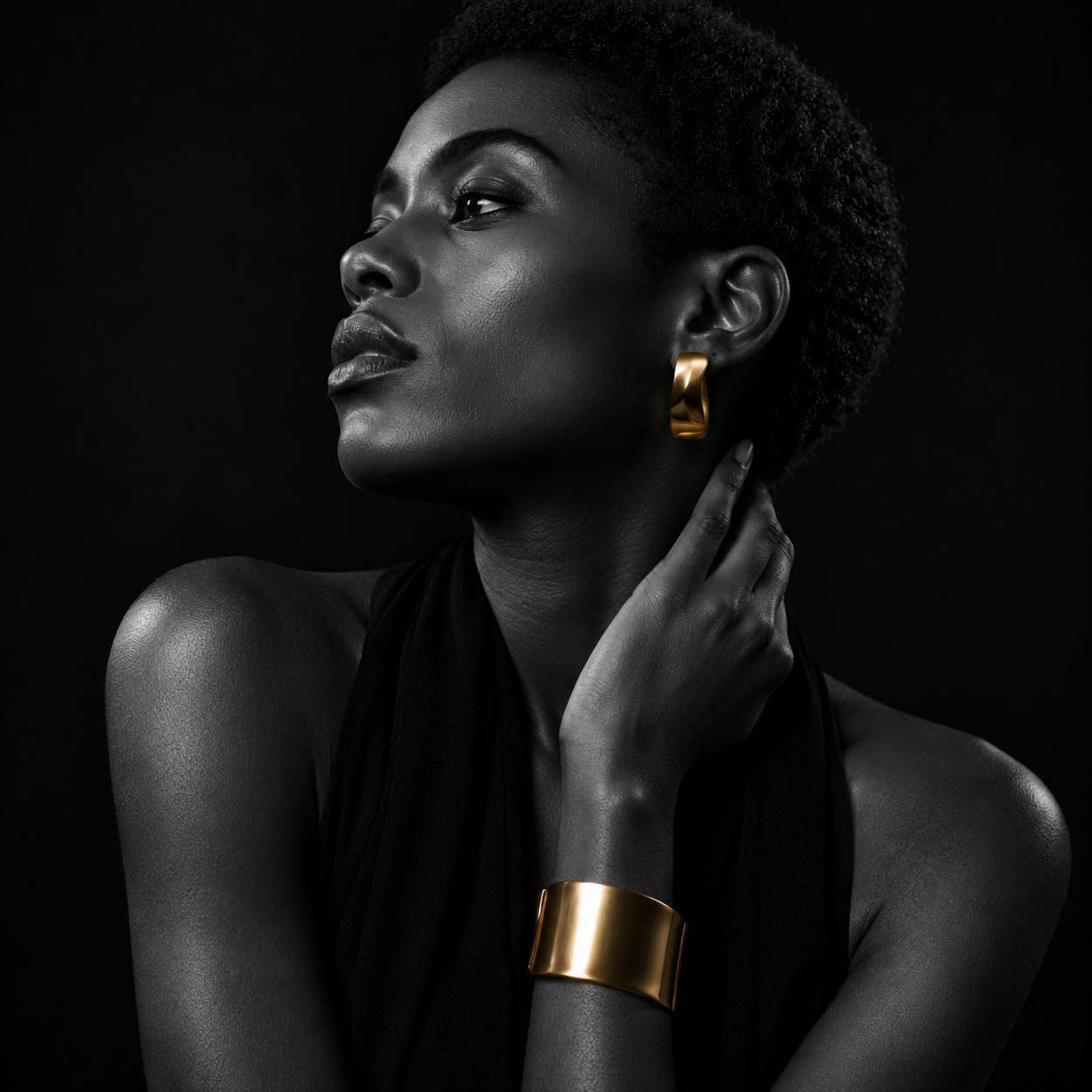 Close editorial portrait featuring a sculptural gold earring and cuff