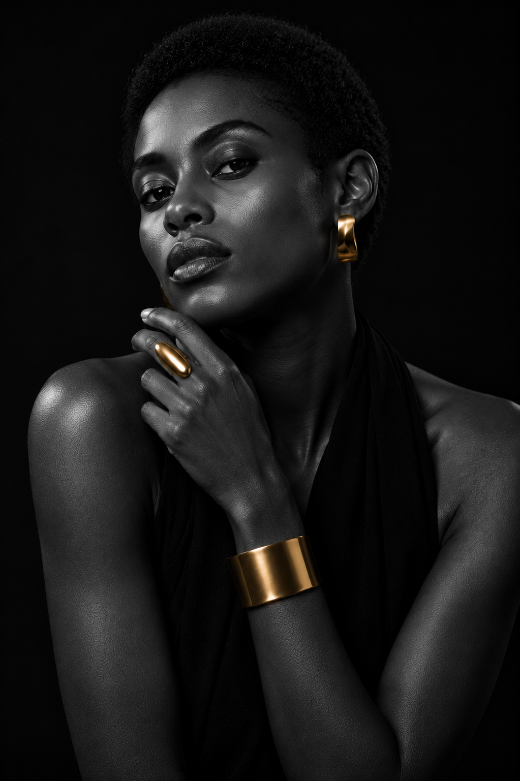 Monochrome editorial portrait with sculptural gold earrings and cuff
