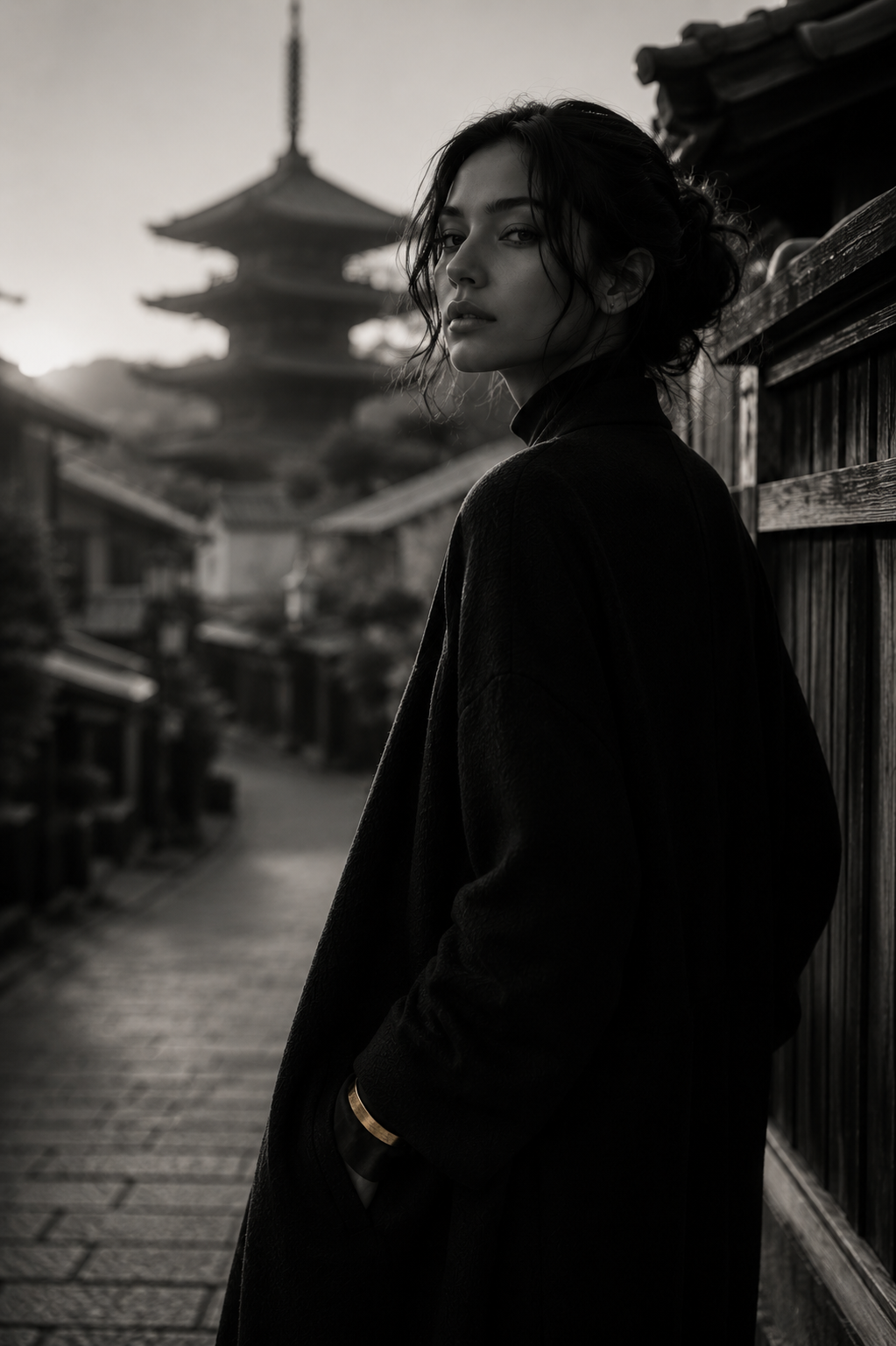 Monochrome fashion portrait in Kyoto at dawn