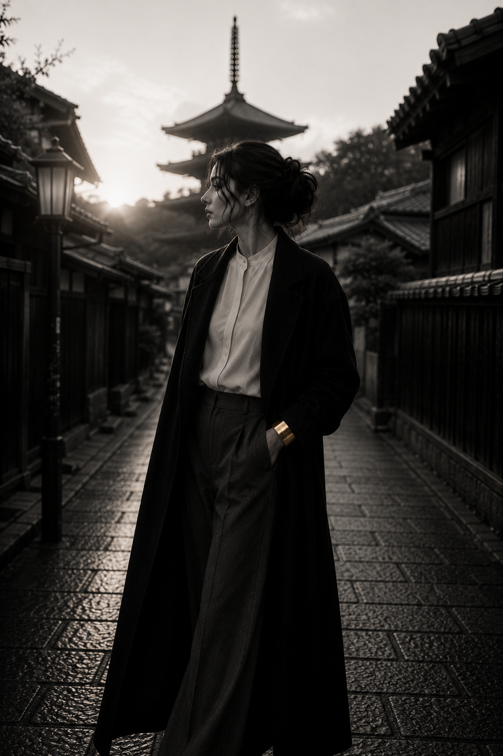 Look one, a tailored black wool coat in Kyoto
