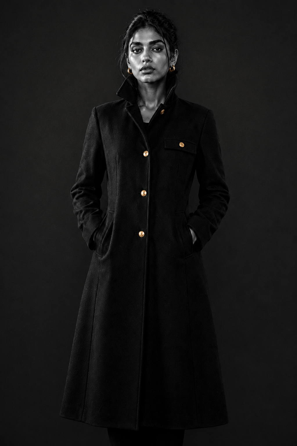 Editorial portrait of a woman wearing a long black coat with restrained gold accents