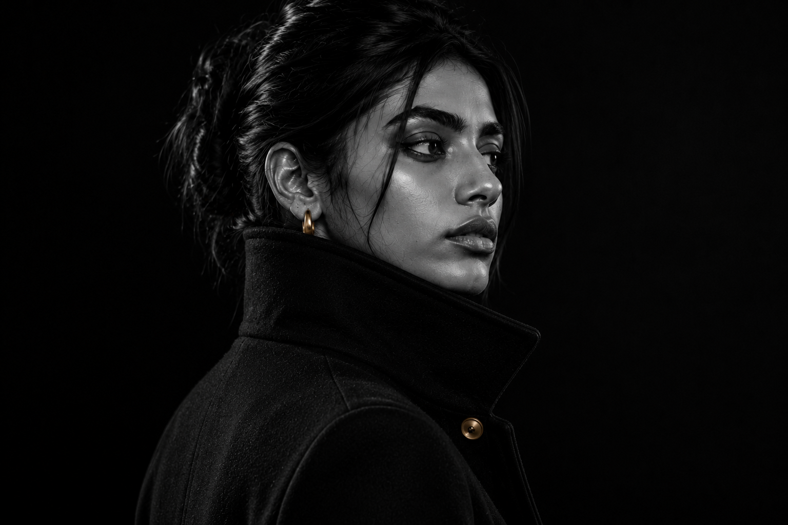 Close editorial crop of a long black coat with a high sculpted collar